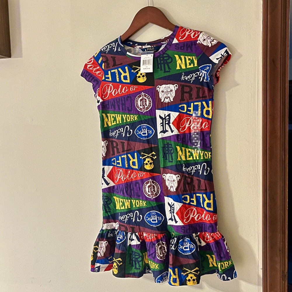 NWT Polo by Ralph Lauren Vibrant Graphic Kids Ruffle Hem Dress Maximalist